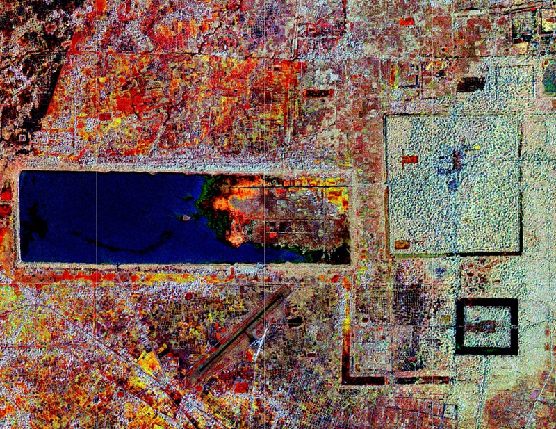 Plane-mounted radar highlights variations in terrain that could indicate a hidden dwelling.