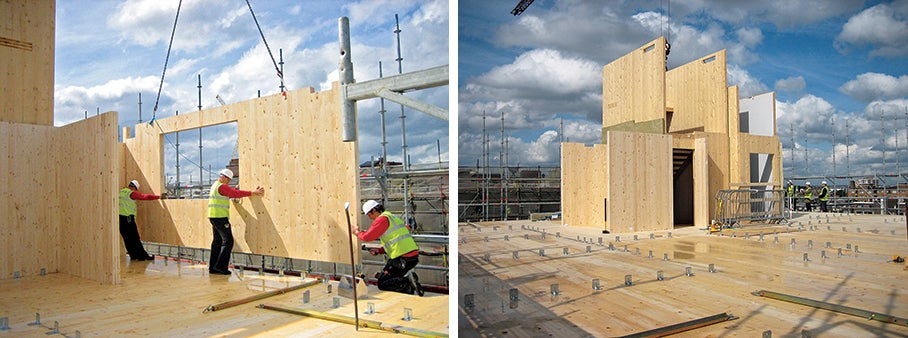 Cross-laminated timber (CLT) panels are cut to spec in a factory and assembled at the construction site.