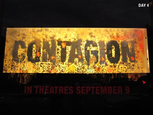 The movie Contagion employed a similar marketing tactic in 2011, installing "bacteria message boards" in an empty Toronto storefront. Over six days, the mix of bacterial and fungal strains grew into the film's logo.