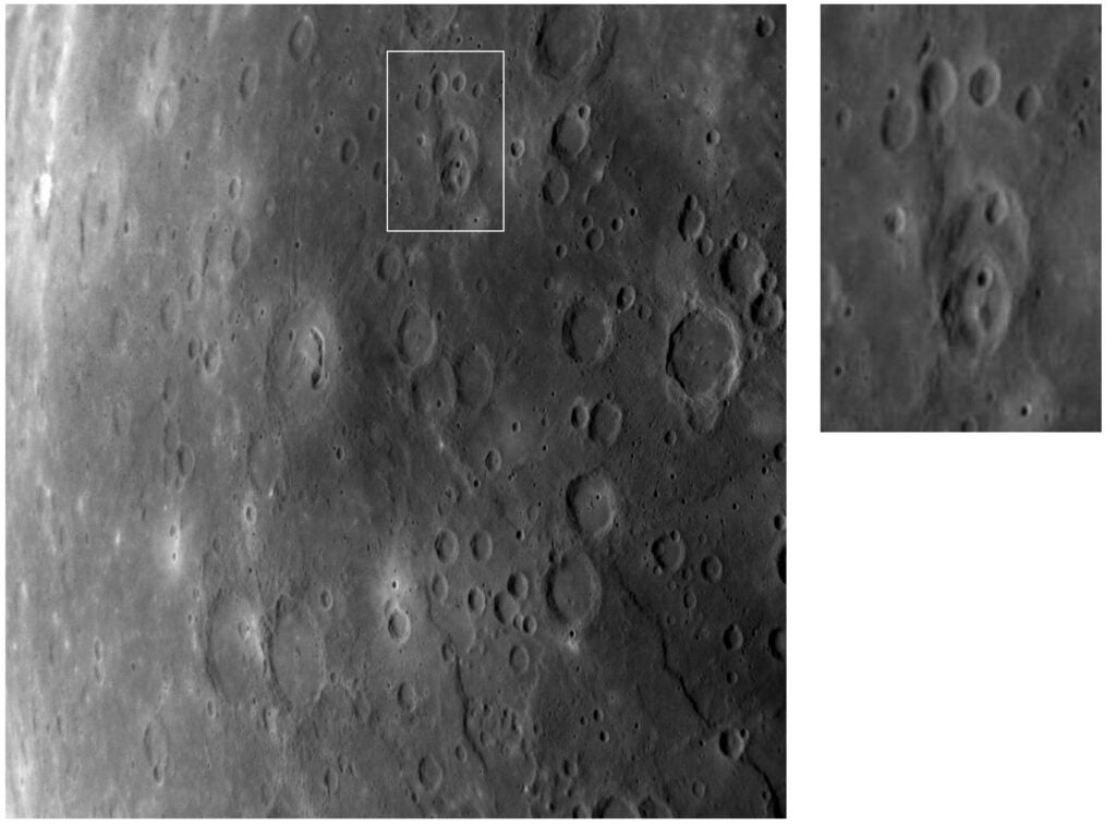 Mercury's surface is covered with craters in many sizes and arrangements, the result of impacts that have occurred over billions of years. In the top center of the image, outlined in a white box and shown in the enlargement at upper right, is a cluster of impact craters on Mercury that appears coincidentally to resemble a giant paw print. In the "heel" are overlapping craters, made by a series of impacts occurring on top of each other over time. The four "toes" are single craters arranged in an arc northward of the "heel." The "toes" don't overlap so it isn't possible to tell their ages relative to each other. The newly identified pit-floor crater can be seen in the center of the main image as the crater containing a depression shaped like a backward and upside-down comma.