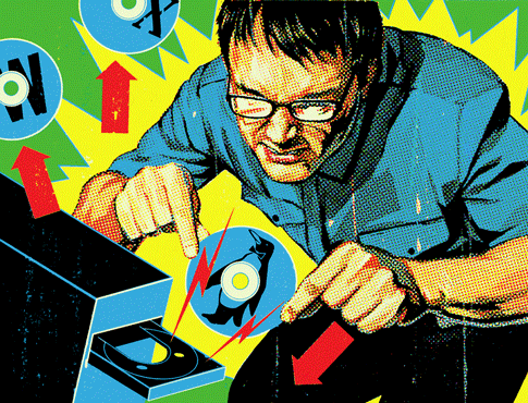 A short-haired man in a blue shirt putting a CD into a computer's disk drive. Illustration.