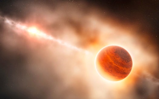 This artist’s impression shows the formation of a gas giant planet in the ring of dust around the young star HD 100546. This system is also suspected to contain another large planet orbiting closer to the star. The newly-discovered object lies about 70 times further from its star than the Earth does from the Sun. This protoplanet is surrounded by a thick cloud of material so that, seen from this position, its star almost invisible and red in colour because of the scattering of light from the dust.
