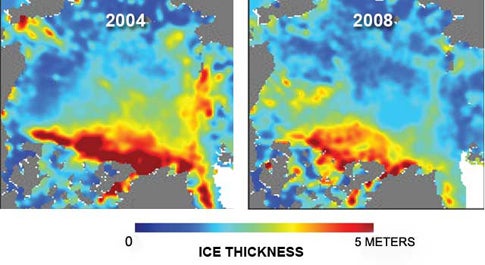 Satellite photos showing how warming reduced the thickness of Arctic ice between 2004 and 2008