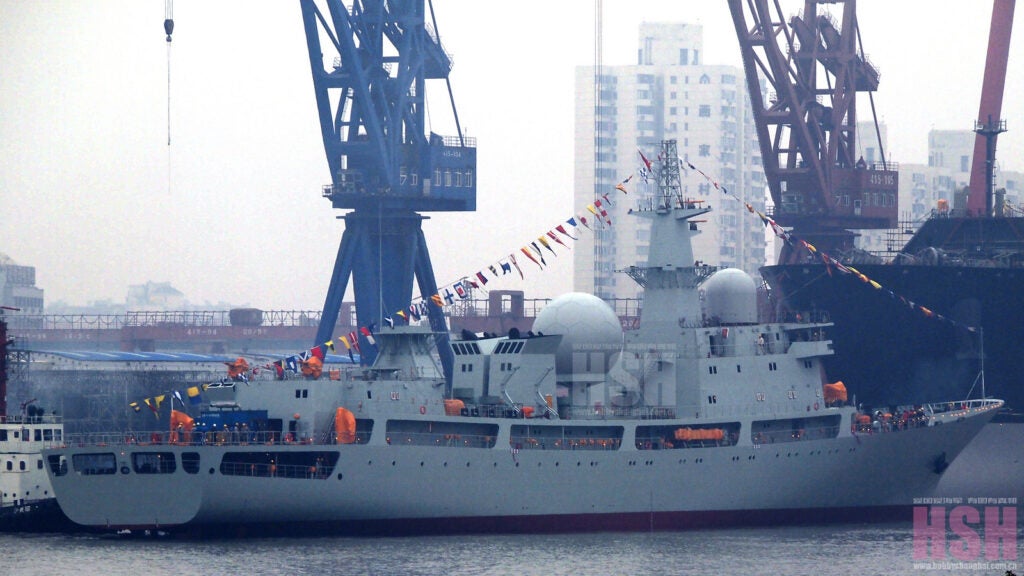 The second 815G electronic intelligence spy ship was launched in March 2014. Its primary collection assets are the two sensor domes on the superstructure.