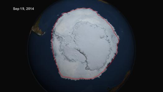 As climate change is melting away most of the world's ice, <a href="https://www.popsci.com/article/science/video-despite-world-ice-loss-antarctic-ice-cover-reaches-record-size/">Antarctica's sea ice grew this year</a>. On Sept. 19, 2014, the five-day average of Antarctic sea ice extent exceeded 20 million square kilometers for the first time since 1979, according to the National Snow and Ice Data Center. The red line shows the average maximum extent from 1979-2014.