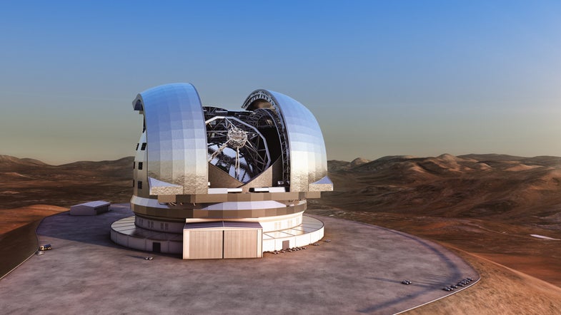 <strong>Location:</strong> Cerro Amazonas, Chile <strong>Groundbreaking:</strong> June 2014 <strong>Expected First Light</strong>: 2024 The aptly named E-ELT features the most traditional dome design of the three new telescopes. Although shaped like the Keck domes, it’s built with 10 times as much steel. A concrete base and thermal insulation will help keep the 8.8 million cubic feet of air inside it cool—essential for clear pictures just after sunset. Even with the insulation, the observatory’s air conditioners will require as much electricity as 1,600 homes.