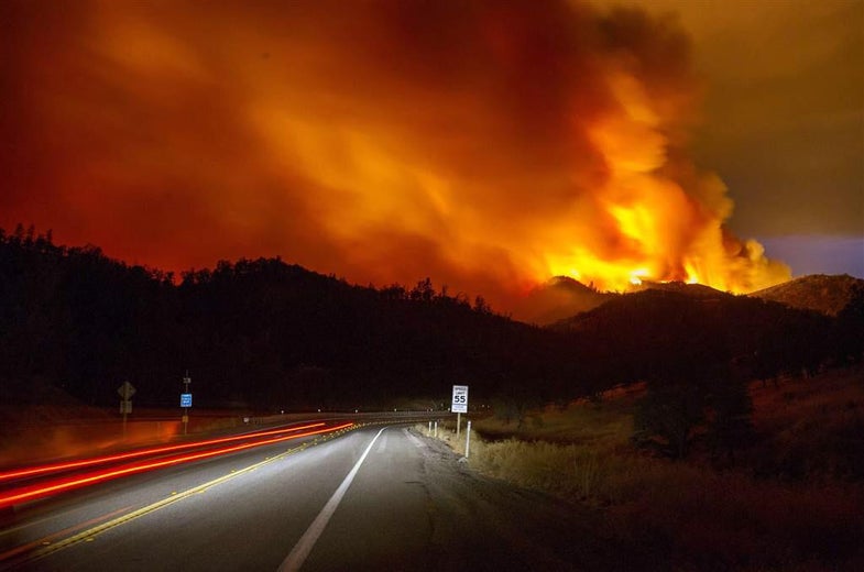 Wildfires raged in the West this year as California experienced its fourth year of drought. This <a href="https://twitter.com/geewhizpat/status/628433080378789888">photo</a> of the Rocky Fire near <a href="http://www.latimes.com/local/lanow/la-me-ln-rocky-fire-thunderstorms-20150806-story.html">Clearlake, California</a>, shows one of the largest fires that burned in the state, covering more than 69,000 acres. The majority of the wildfires in the Western U.S. are in California, Oregon, and Washington, but active fires were also reported in Arizona, Colorado, and Idaho, according to the <a href="http://www.nifc.gov/fireInfo/nfn.htm">National Interagency Fire Center</a>.