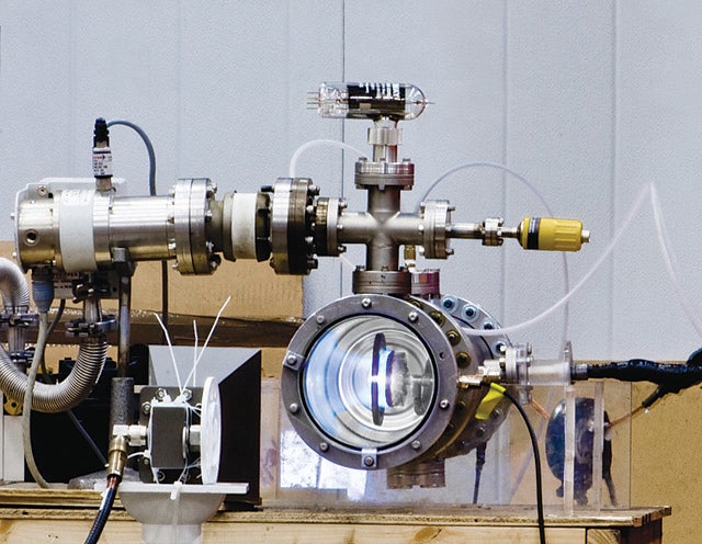 This high-power microwave bomb, pictured in a laboratory at Texas Tech University, can safely disable enemy electronic devices in the battlefield without harming human lives.