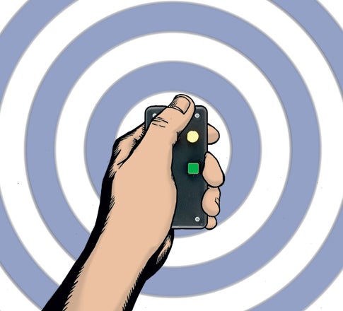 A person holding a remote, over a series of circular signal rings. Illustration