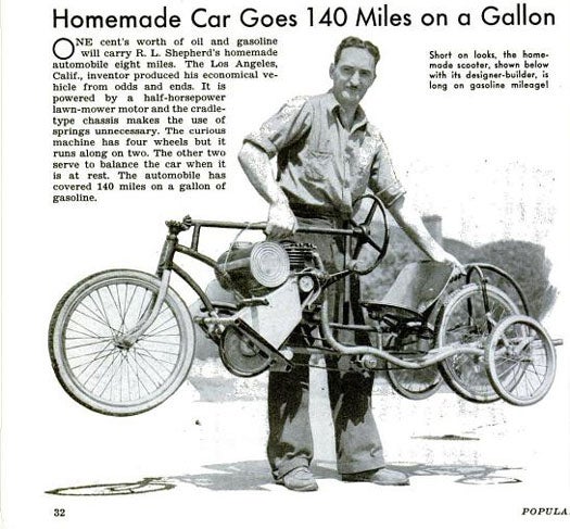 R.L. Shepherd holds his homemade scooter car off the ground.