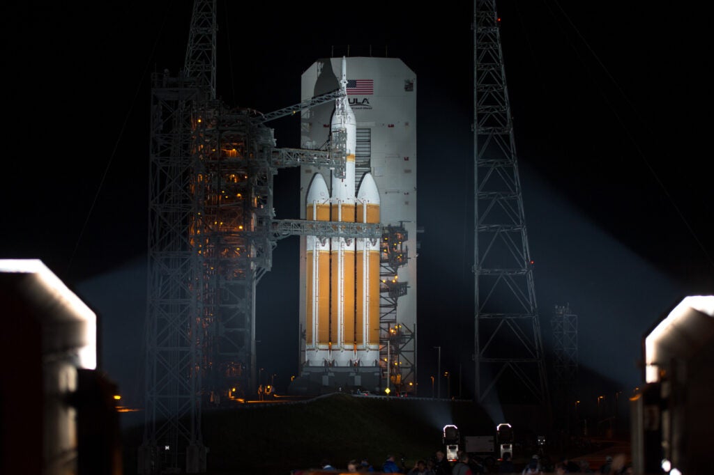 NASA's Orion crew capsule atop a Delta 4 Heavy rocket on the launchpad