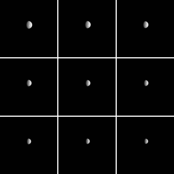 Shown here are nine of the 1,177 images planned with the goal of characterizing how the measured brightness of Mercury's surface is controlled by changing lighting conditions. During <em>Messenger</em>'s third Mercury flyby, the angle--called the phase angle--between the Sun, Mercury's surface, and the spacecraft was continually changing.By collecting images that show the full planet over a large range of phase angles, the effect of the phase angle on Mercury's apparent brightness can be determined. Such information is very important when trying to compare and interpret images of Mercury's surface that were collected under different lighting conditions.