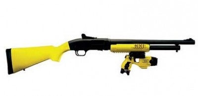 A Mossberg/TASER X12 Less Lethal Shotgun can fire a specially designed XRED shocking projectile to subdue targets.