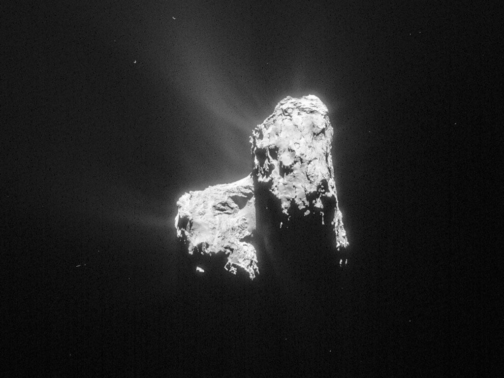 This Rosetta image of Comet 67P/Churyumov-Gerasimenko was taken from 128 kilometers away. The European Space Agency has processed the image to bring out details of the comet's activity, and you can see that around the illuminated side of the nucleus. This breathtaking picture shows different regions of the comet, including Hapi in the foreground, and the steep cliffs of Hathor as well as the region's transition into Anuket. This comet model shot is 11 kilometers (or about seven miles) across.