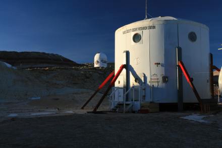 As daylight gives way to dusk in the Utah desert, the crew can look forward to some astronomy and star-gazing at Musk Observatory, seen here to the left of the main Hab structure.