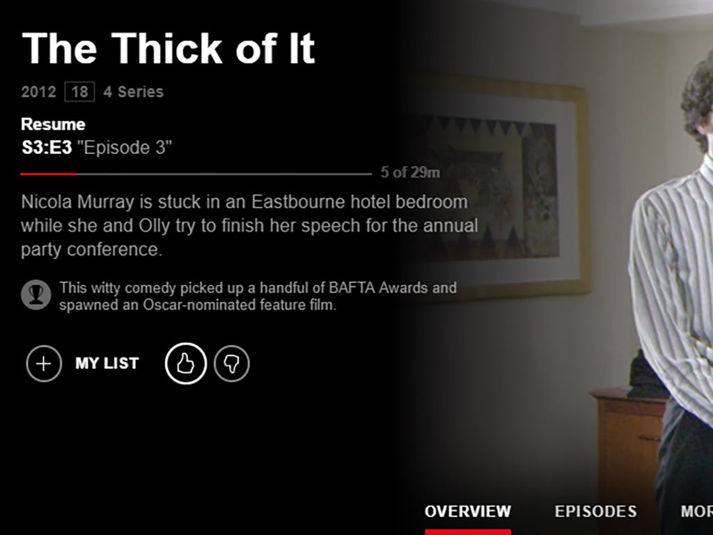 The Netflix app showing thumbs up and thumbs down options on the main screen for "The Thick of It."