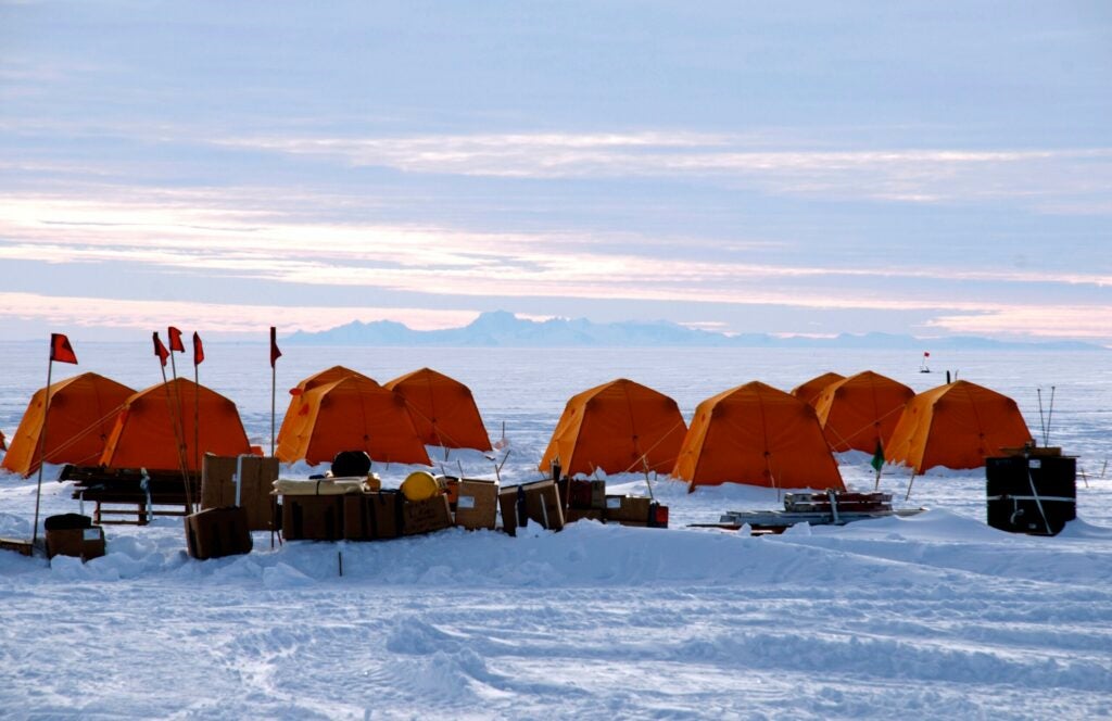 Researchers and technicians lived in orange tents while drilling into Lake Whillans in January 2013.