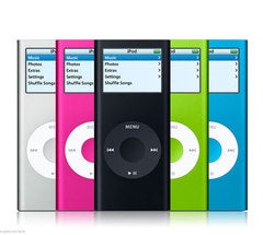 Five iPods of varying colors stacked in a pyramid and viewed from the top down. From left to right: silver, pink, black, green, blue.