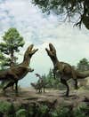 Theropod dinosaurs may have <a href="https://www.popsci.com/paleontologists-find-fossilized-evidence-dinosaur-mating-rituals/">engaged</a> in mating behavior known as a scrape ceremony, recreated in this image. Researchers <a href="http://www.nature.com/articles/srep18952/">analyzed</a> evidence of more than 50 fossilized scrapes in the ground in Colorado. The grooves averaged over six and a half feet long, and were similar to those created by birds during scrape ceremonies that allow them to show off in front of potential mates, suggesting that dinosaurs may have also participated in a similar love dance.