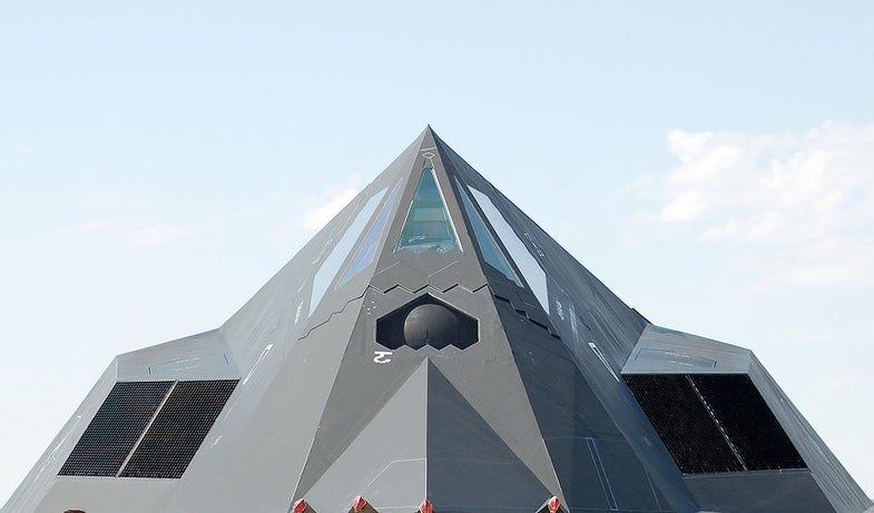 This close up of the stealth fighter's nose shows it made of weird angles.
