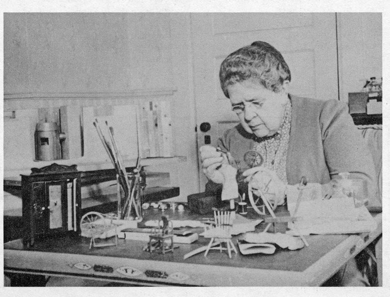Frances Glessner Lee at work on the Nutshell Collection, 1940s-1950s
