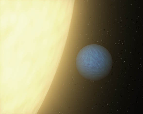 This artist's concept of a so-called "super Earth" is a representation of a first-of-its-kind view that NASA's Spitzer Space Telescope caught this week. For the first time, we've seen direct light from a super Earth, "using its sensitive heat-seeking infrared vision." The planet is incredibly close to the star it orbits, and probably has a rocky core surrounded by both liquid and gaseous water. Read more <a href="http://www.spitzer.caltech.edu/images/5148-ssc2012-07b-First-of-Its-Kind-Glimpse-at-a-Super-Earth">here</a>.