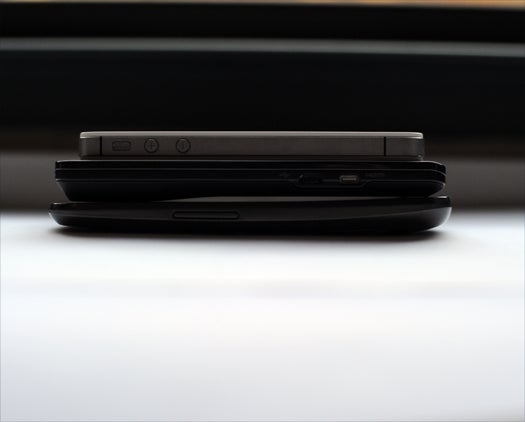 Here are three phones stacked on top of each other, which is both a good way to see their thicknesses and a good way to scratch all of their screens at once. Top to bottom: iPhone 4S, Droid Bionic, Galaxy Nexus.