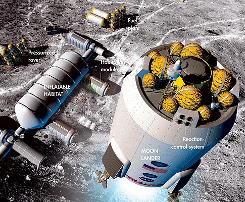 <em>As a new crew of six nears the surface, the lander's reaction-control system keeps the craft steady while tail-mounted engines slow its descent. The spacious base now includes three additional radiation-shielded modules and a central inflated habitat. Several nearby fuel plants process frozen subsurface water into liquid hydrogen and oxygen: rocket fuel for the trip home. When astronauts leave base to work or explore, they travel in a pressurized rover. Energy for the base comes from an offsite nuclear reactor--most likely resting in a crater for radiation shielding.</em>