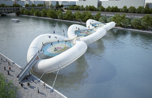 This (totally fun and probably not hazardous!) bridge was imagined by Atelier Zündel Cristea for a competition in Paris. It works the way your inner child is hoping: you trampoline across the water.