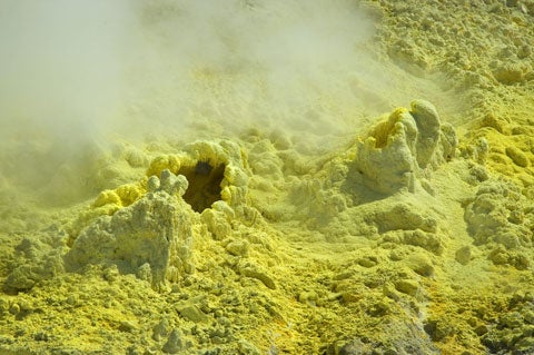 Dissipating gases such as carbon dioxide or sulfur dioxide reach the open air through fissures and pores. Scientists can collect gases directly from holes called fumaroles, but more often they use remote gas-identifying spectrometers. <strong>Warning time: days to weeks</strong>