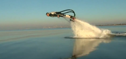 A jetpack that makes you fly like a dolphin--if dolphins could launch themselves 30 feet into the air. Read more, and see video, <a href="https://www.popsci.com/technology/article/2011-12/video-water-propelled-dolphin-jetpack/">here</a>.