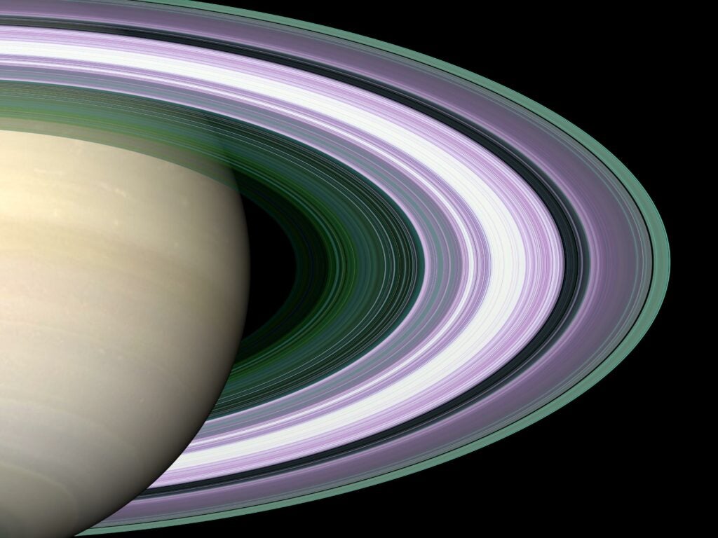 saturn in false color with purple rings