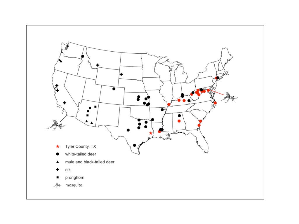 This graphic illustrates sampling sites for mosquitos and hosts. Red markers indicate infections, and the star denotes the location of the first detected case.