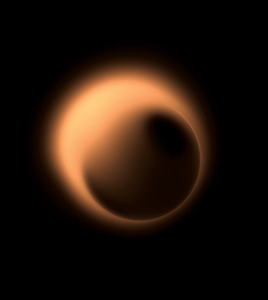 A computer simulation of how Sagittarius A*'s shadow should appear to the fully scaled-up Event Horizon Telescope.