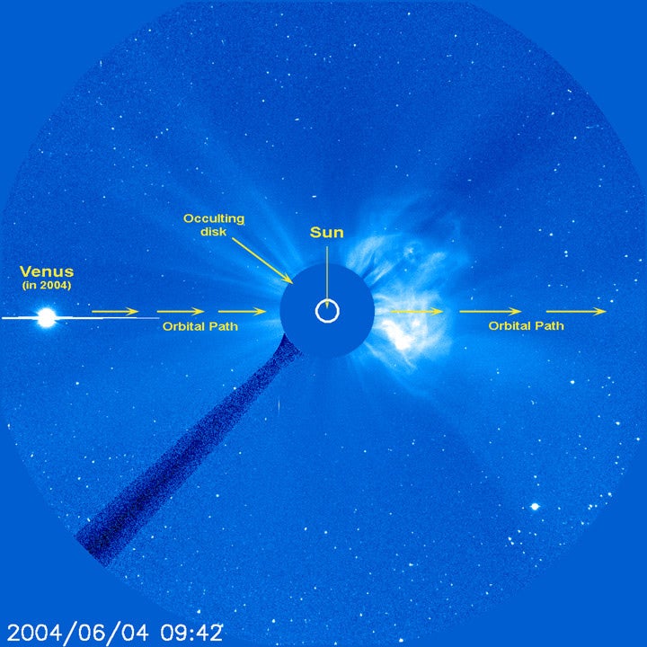 The path that Venus will take as it approaches the Sun in SOHO's field of view. The image is from the 2004 transit, but a similar path will be taken during the transit of 2012.