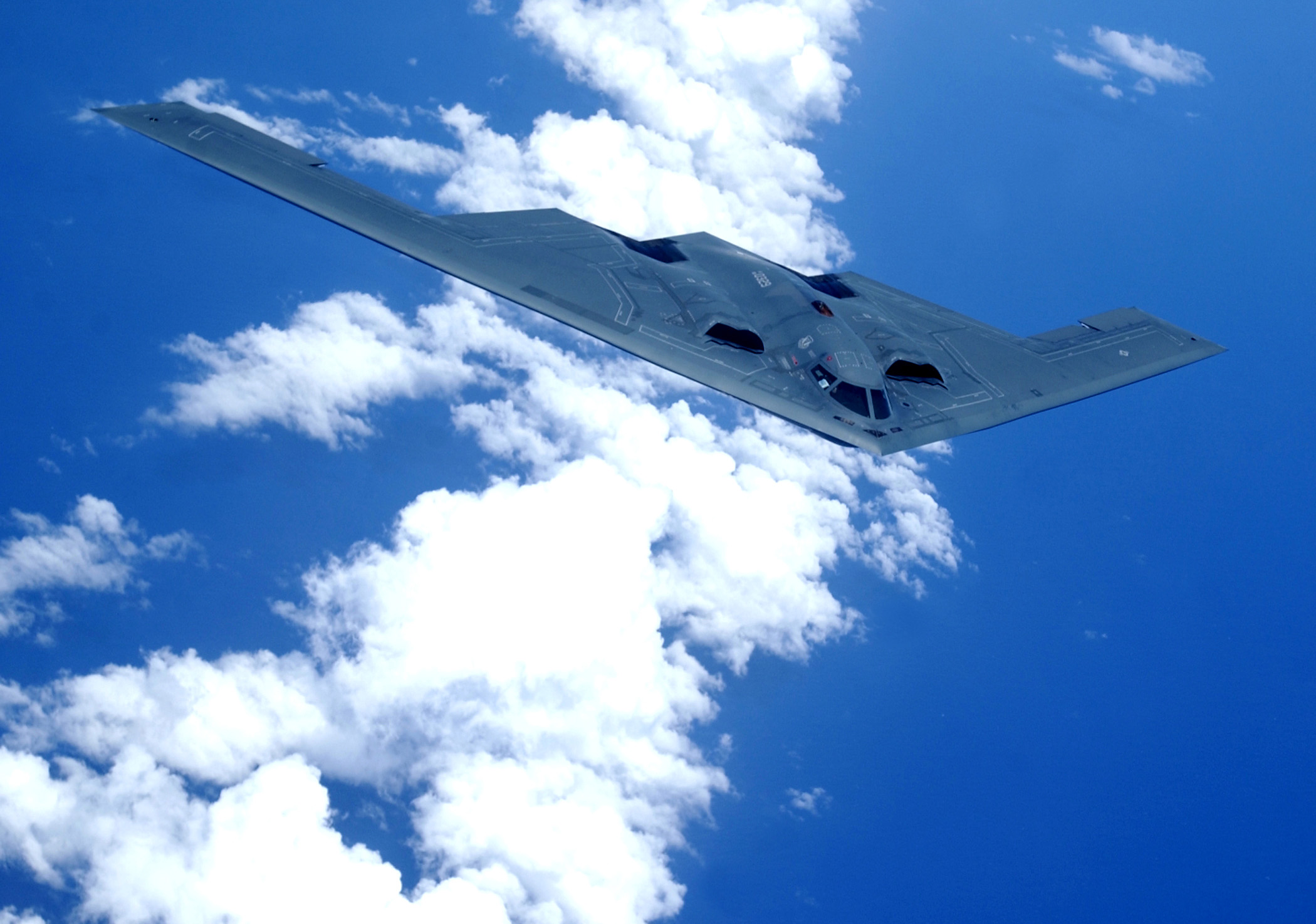 OVER THE PACIFIC OCEAN -- A B-2 Spirit soars through the sky after a refueling mission here May 2. The B-2 is assigned to the 393rd Expeditionary Bomb Squadron at Whiteman Air Force Base, Mo. The bomber is currently deployed to Andersen Air Force Base, Guam, to assist in maintaining a continuous bomber presence in the Asia-Pacific region. (U.S. AIr Force photo by Tech. Sgt. Cecilio Ricardo)