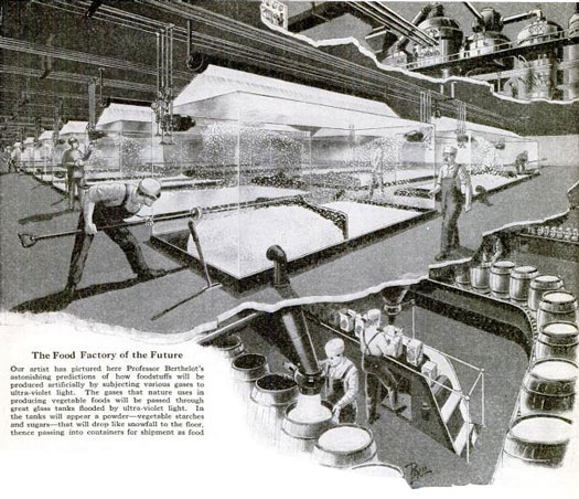 Behold, the food factory of the future. Workers would pump various gases into glass containers filled with ultraviolet light. Powdered vegetable starches and sugar would materialize inside the tanks before falling through tubes and into shipment containers. While the process may sound a little like alchemy, Berthelot provided a scientific explanation of its possibility. It essentially boils down to photosynthesis, as it was understood at the time: Ultraviolet rays would decompose water vapor and carbonic acid gas into hydrogen and oxygen, and oxygen and oxide of carbon, respectively. Meanwhile, the combination of oxygen, hydrogen and carbon under the influence of ultraviolet light results in formic aldehyde, a simple sugar. The combination of carbon, oxygen, hydrogen, and nitrogen under the the influence of light would result in the starch called formiamide. From the basic starches and sugars come more complex foodstuffs. Read the full story in "Factory-Made 'Vegetables': Our Future Food?"
