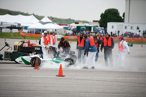 Even the biggest, best-funded engineering departments fall prey to mishaps on race day. Michigan State, the envy of teams who had traveled from all over the globe to its car-crazy state, was favored to win until its racer caught fire only 100 meters from the finish line.