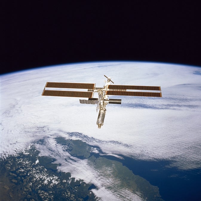 ISS Assembly Mission 5A with the Earth in the background