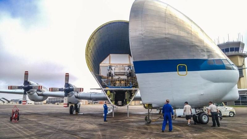 NASA's <a href="https://www.popsci.com/nasas-weird-giant-airplane-carried-future-mars-in-its-belly/">unusual looking aircraft</a> known as the Super Guppy <a href="https://twitter.com/NASA_Orion/status/694233525441142785?ref_src=twsrc%5Etfw">transported</a> spaceship parts around the country.
