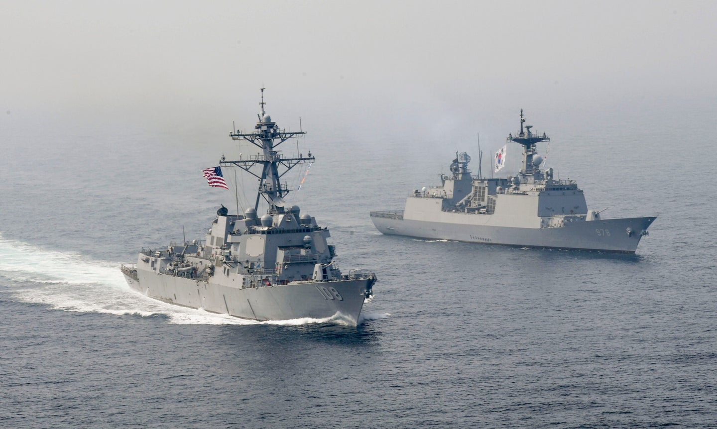 170425-N-RM689-100 U.S. 7TH FLEET AREA OF OPERATIONS (April 25, 2017) The Arleigh Burke-class guided-missile destroyer USS Wayne E. Meyer (DDG 108) is underway alongside the Republic of Korea multirole guided-missile destroyer Wang Geon (DDG 978) during a bilateral exercise. Wayne E. Meyer is on a scheduled western Pacific deployment with the Carl Vinson Carrier Strike Group. U.S. Navy aircraft carrier strike groups have patrolled the Indo-Asia-Pacific regularly and routinely for more than 70 years. (U.S. Navy photo by Mass Communication Specialist 3rd Class Kelsey L. Adams/Released)
