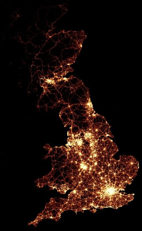 This map shows the frequency of auto crashes throughout the UK, from 1999 to 2010--more than two million crashes. Read more <a href="https://www.popsci.com/science/article/2011-12/heat-map-every-auto-accident-resulting-injury-great-britain-1999-2010/">here</a>.