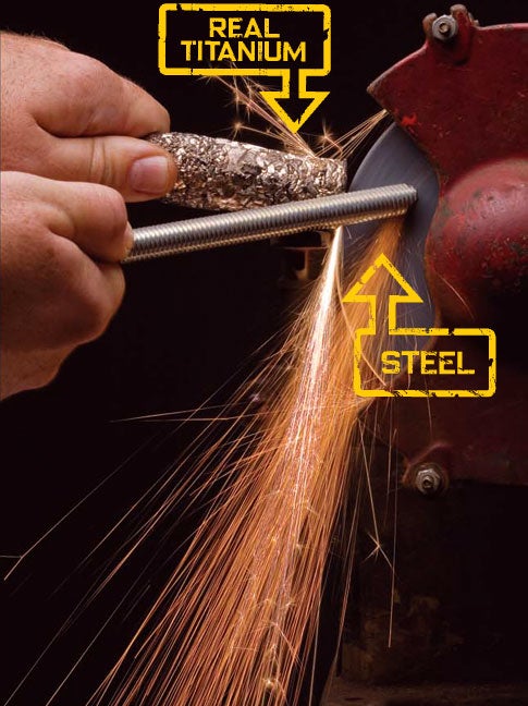 A person grinding real titanium against a grindstone, producing white sparks, and also grinding steel, producing yellow sparks.