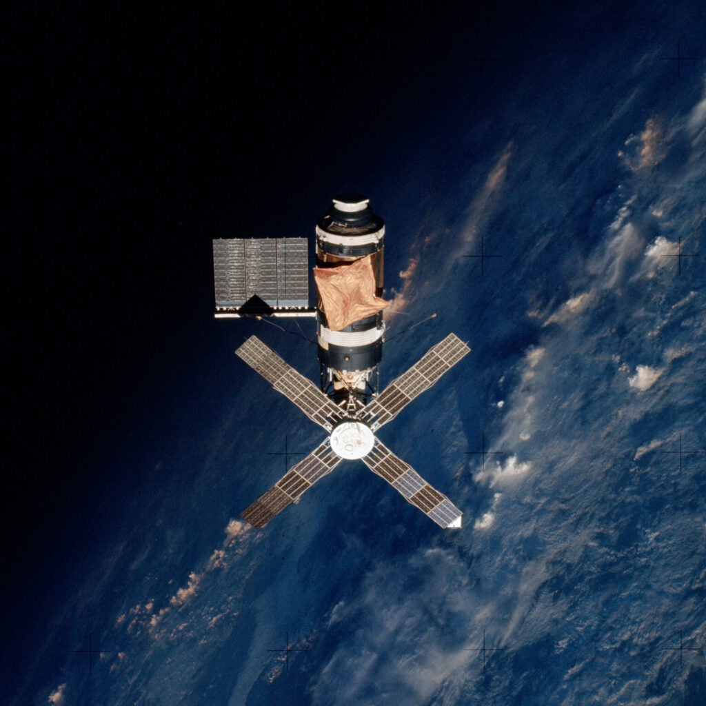 Skylab was America's first space station. Launched in 1973, it hosted three crews before it was abandoned in orbit and left to fall to Earth. It reentered the atmosphere in 1979.