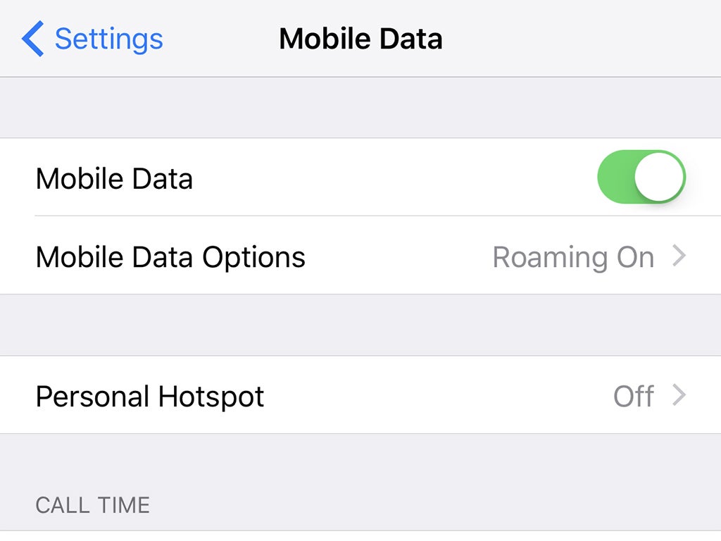 The data settings inside iOS.