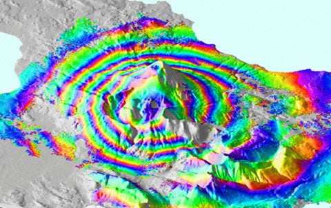 As pent-up magma swirls near the surface, it can make the mountain bloat. Scientists compare satellite images taken weeks or years beforehand to search for bulges and other clues. They also use GPS-linked tiltmeters on the ground to pinpoint vertical or horizontal movements. <strong>Warning time: months to years</strong>