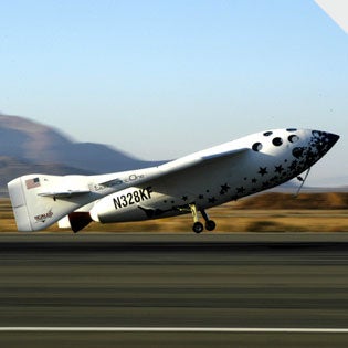 Shown just before touchdown at 90 mph, SpaceShipOne returns to the runway on a previous test flight.