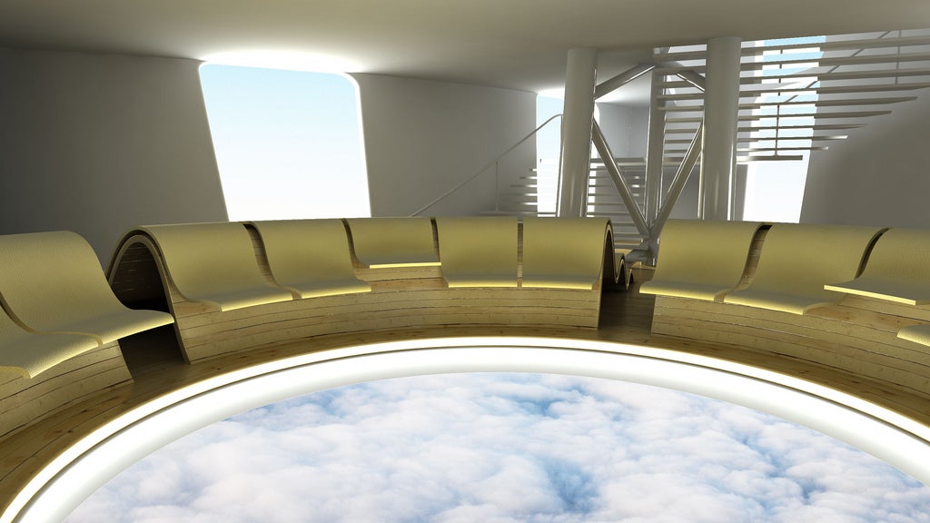 Airship passengers can enjoy an indoor view of the clouds beneath their feet in the moon pool, or go to the upper deck promenade for an open-air excursion.