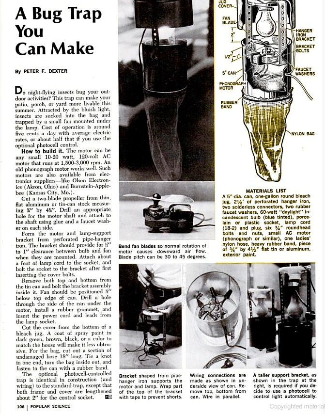 An article about a DIY bug zapper, from the August 1971 issue of Popular Science magazine.