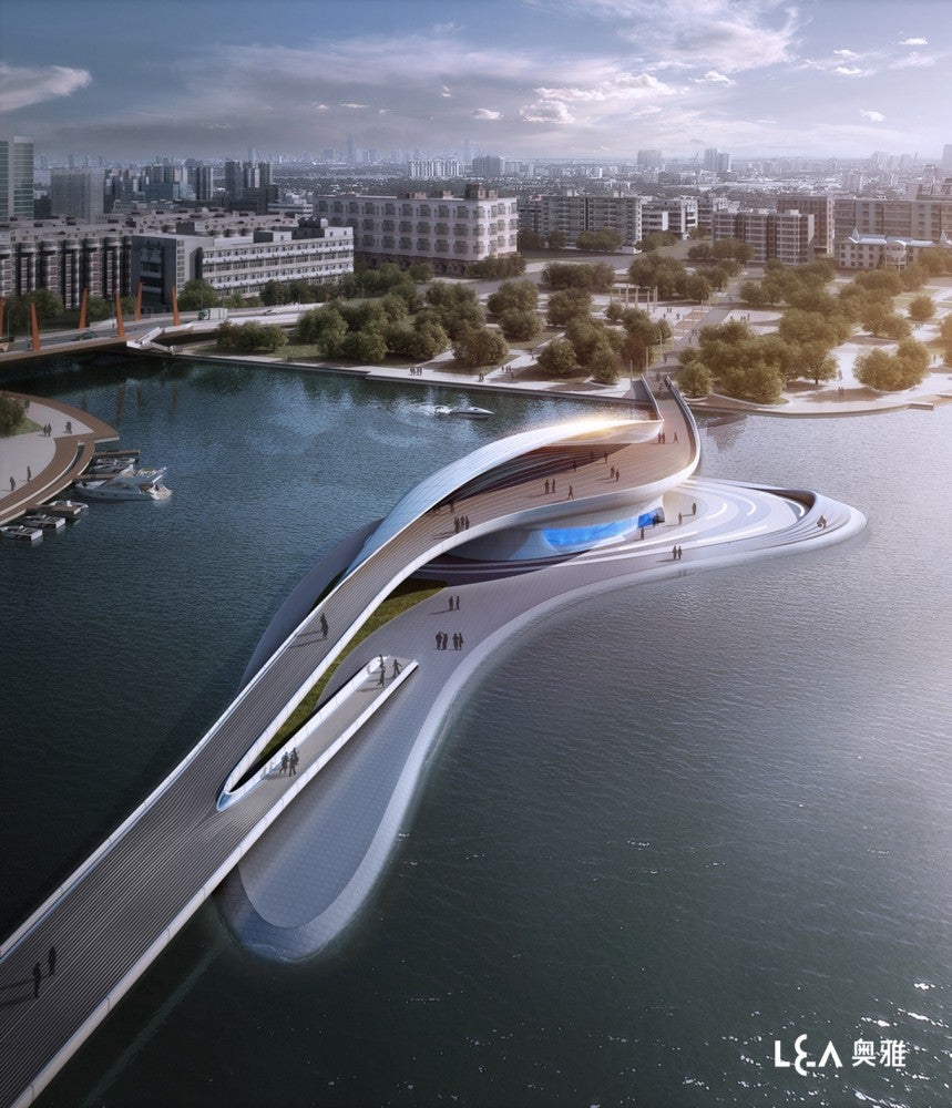 This <a href="http://www.archdaily.com/189896/wuxi-xidong-park-bridge-la-design-group/">bridge concept</a> is intended to connect two parts of Wuxi Xidong Park in Jiangsu province, China. Underneath, it'd create a sort of artificial island, from which visitors would be able to get views of the entire area.